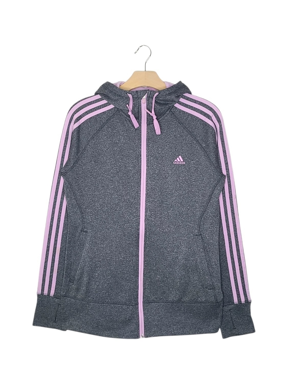 adidas Climawarm Gray & Pink 3 Stripes Full-Zip Long Sleeve Hoodie Sweatshirt